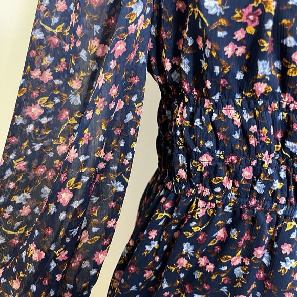 Trixxi Women’s Floral Mini Dress Size M Navy Elastic Waist Lined Long Sleeve - Picture 2 of 11